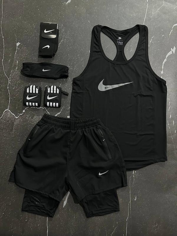 پکیج کد S3221 شامل رکابی قهرمانی + شلوارک کشاله دار + هدبند + مچبند چسب نانو + جوراب ساقدار با تم مشکی