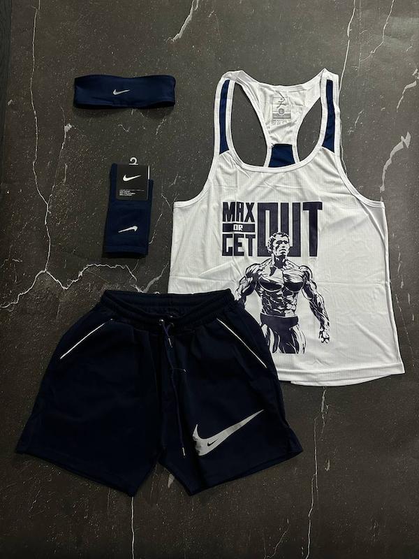 پکیج کد S3222 شامل رکابی قهرمانی + شلوارک + هدبند + جوراب ساقدار با تم سفید سرمه ای