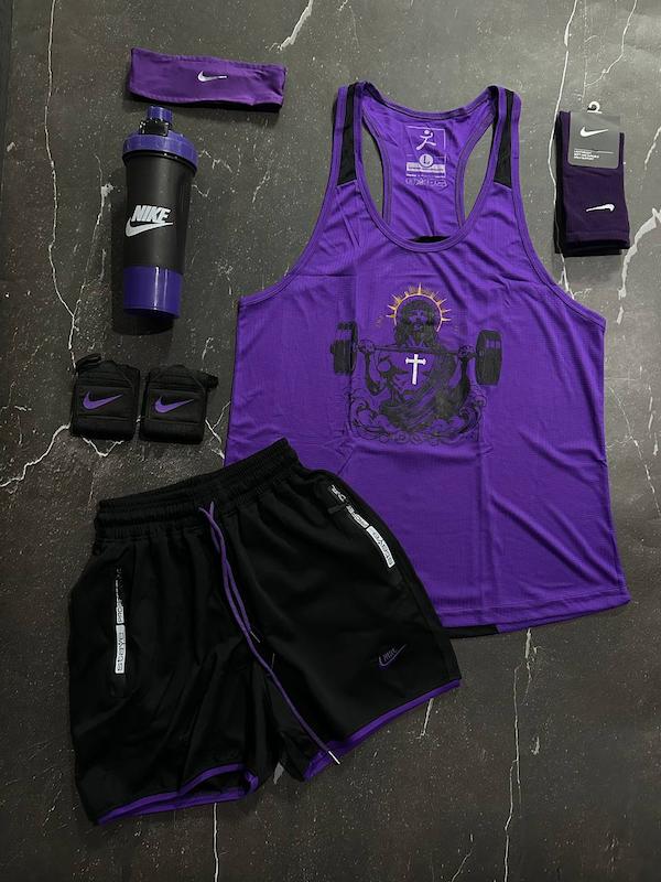 پکیج کد S3224 شامل رکابی قهرمانی + شلوارک + هدبند + مچبند چسب نانو + جوراب ساقدار + شیکر دو تیکه با تم بنفش مشکی