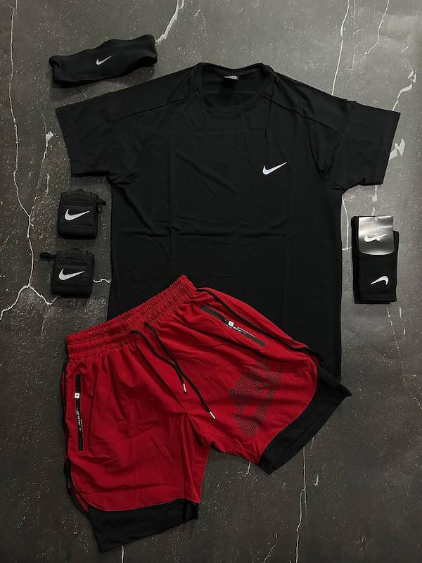 پکیج کد S3227 شامل تیشرت + شلوارک کشاله دار + مچبند چسب نانو + جوراب ساقدار + هدبند با تم مشکی قرمز