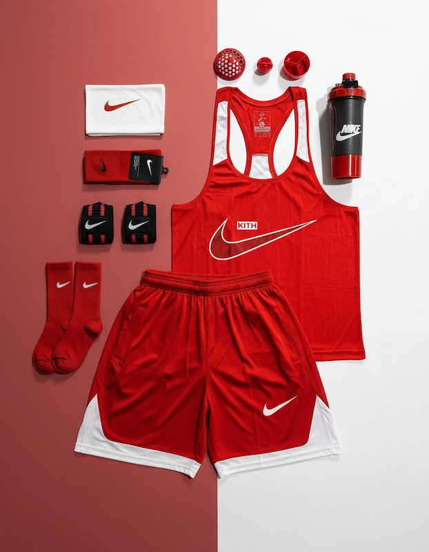 پکیج کد E1984 شامل رکابی قهرمانی + شلوارک + اسکارف + شیکر دو تیکه + مچ بند چسب نانو + جوراب با تم قرمز سفید ❤️🤍