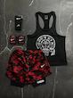 پکیج کد S3229 شامل رکابی قهرمانی + شلوارک کشاله دار + مچبند چسب نانو + جوراب ساقدار با تم مشکی قرمز