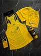 پکیج کد E1987 شامل رکابی قهرمانی + شلوارک + جوراب ساقدار + شیکر دو تیکه + هدبند با تم زرد 💛🔥