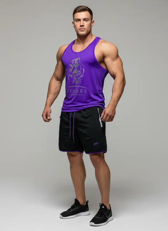 پکیج کد S3238 شامل رکابی قهرمانی + شلوارک با تم بنفش مشکی