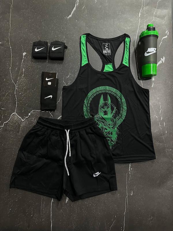 پکیج کد E1991 شامل رکابی قهرمانی + شلوارک + جوراب ساقدار + شیکر دو تیکه + مچ بند چسب نانو با تم مشکی سبز 💚🖤