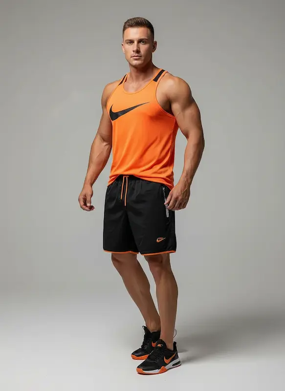 پکیج کد S3251 شامل رکابی قهرمانی + شلوارک با تم نارنجی مشکی