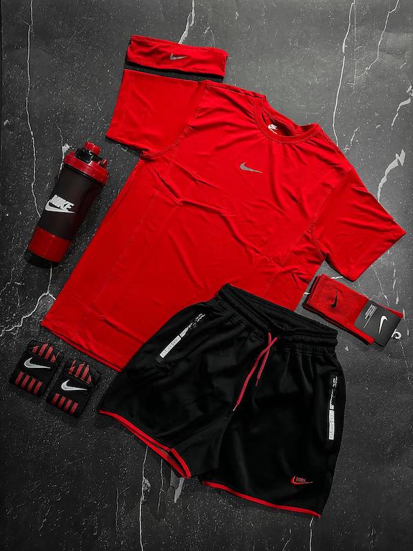 پکیج کد E1993 شامل تیشرت + شلوارک + شیکر دو تیکه + مچبند چسب نانو + جوراب ساقدار + هدبند با تم قرمز مشکی 😍🔥