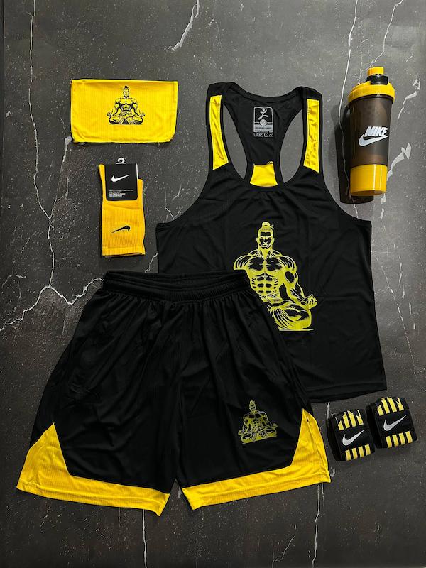 پکیج کد E1994 شامل رکابی قهرمانی + شلوارک + اسکارف + شیکر دو تیکه + مچ بند چسب نانو + جوراب با تم مشکی زرد 💛🖤