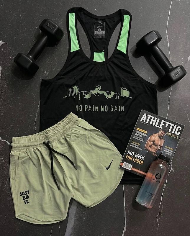 ست بدنسازی مردانه طرح no pain no gain با تم مشکی سبز شامل رکابی قهرمانی + شلوارک 🖤🔥 پکیج کد E2111
