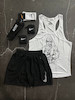 پکیج کد S3437 ست بدنسازی مردانه طرح جان سینا با تم سفید مشکی 🔥🤍 شامل رکابی + شلوارک + مچبند + جوراب ساقدار + شیکر دو تیکه