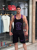 پکیج کد E2293 ست بدنسازی مردانه طرح آرنولد کلاسیک با تم مشکی بنفش 💜🔥  شامل رکابی قهرمانی + شلوارک 