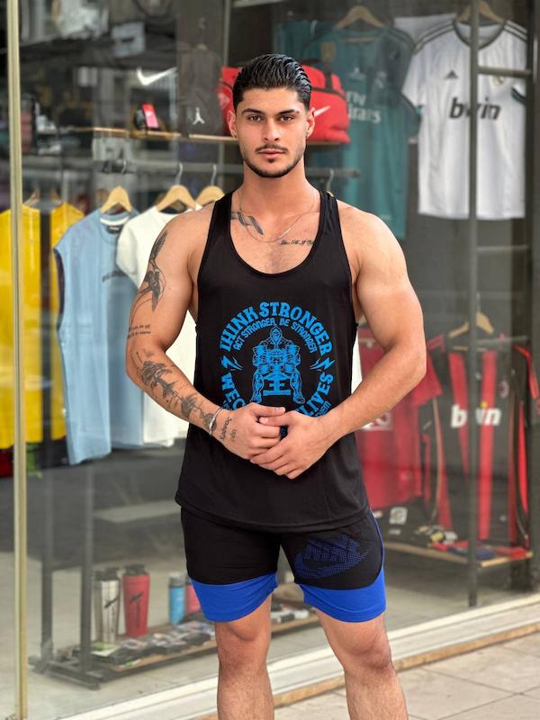 پکیج کد E2295 ست بدنسازی مردانه طرح خفن با تم مشکی آبی 💙🔥  شامل رکابی قهرمانی + شلوارک کشاله دار 