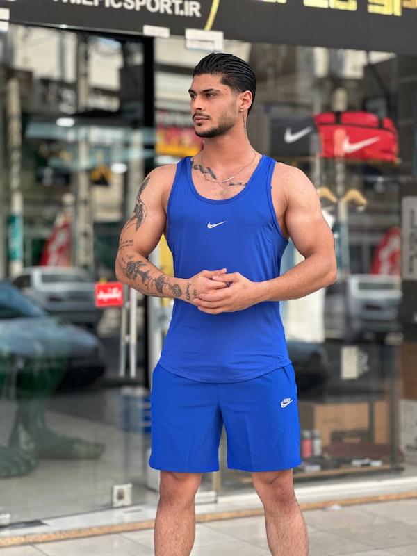 پکیج کد E2302 ست بدنسازی مردانه طرح نایک با تم آبی 💙🔥  شامل رکابی قهرمانی + شلوارک 