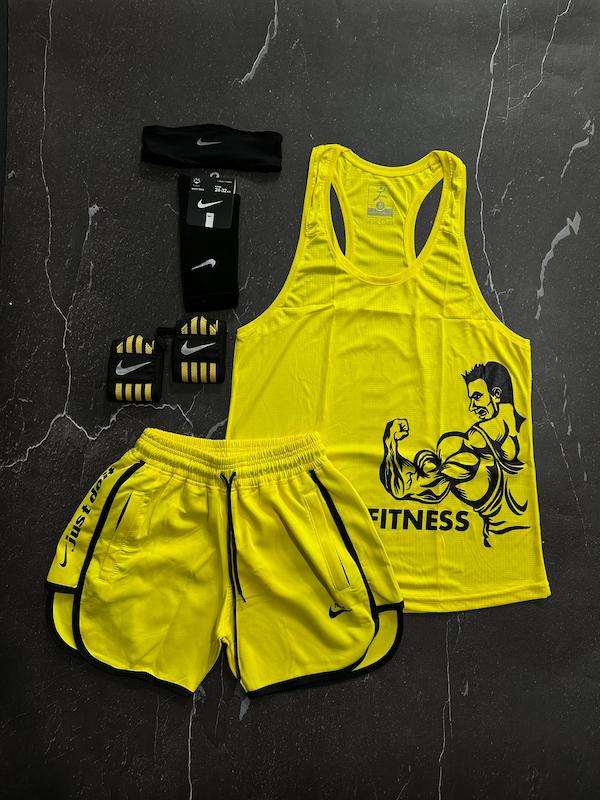 پکیج کد S3473 ست بدنسازی مردانه طرح ‌‌‌‌‌فیتنس با تم زرد 🔥💛 شامل رکابی + شلوارک + مچبند چسب نانو + جوراب ساقدار + هدبند