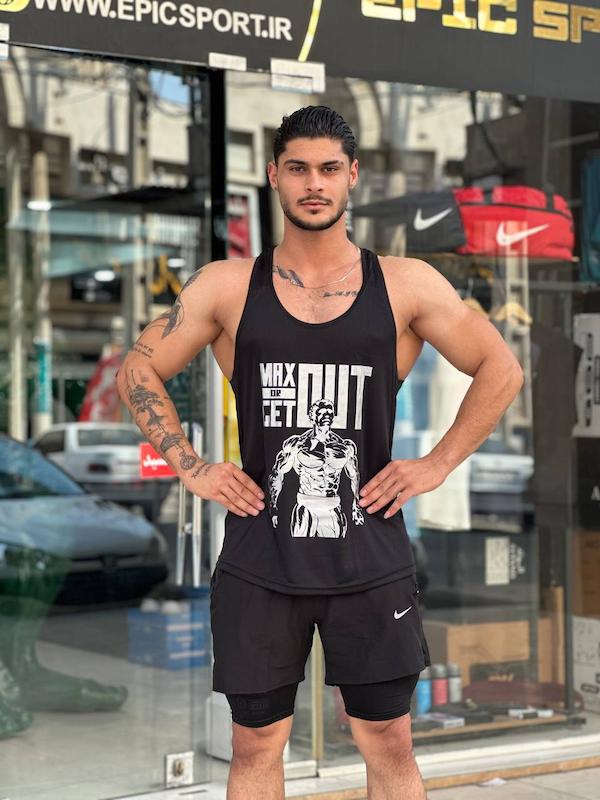 پکیج کد E2317 ست بدنسازی مردانه طرح آرنولد با تم مشکی 🖤🔥  شامل رکابی قهرمانی + شلوارک کشاله دار 
