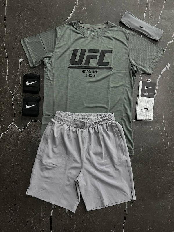 پکیج کد S3485 ست بدنسازی مردانه طرح UFC با تم  طوسی 🩶🔥  شامل تیشرت + شلوارک + هدبند + جوراب ساقدار + مچ بند چسب نانو 