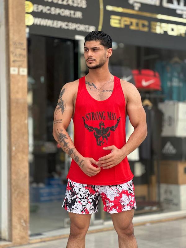 پکیج کد E2341 ست بدنسازی مردانه طرح استرانگ من با تم قرمز سفید ♥️🔥  شامل رکابی قهرمانی + شلوارک