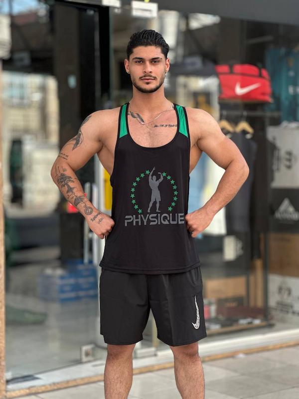 پکیج کد E2355 ست بدنسازی مردانه طرح فیزیک با تم مشکی سبز 💚🔥  شامل رکابی قهرمانی + شلوارک