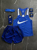 پکیج کد E2397 ست بدنسازی مردانه طرح نایک با تم آبی 💙🔥  شامل رکابی قهرمانی + شلوارک + جوراب ساقدار + هدبند + مچ بند چسب نانو 