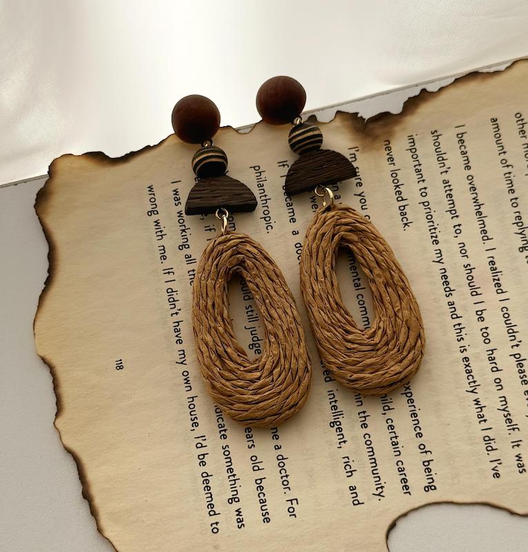 گوشواره چوب طبیعی کنفی بیضی
