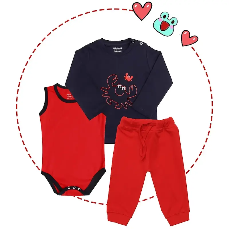 ست 3 تکه ( بلوز آستین بلند دریا،بادی رکابی قرمز،شلوار قرمز)