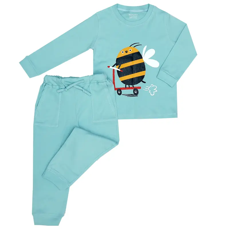 بلوز بلند شلوار فانریپ آبی زنبور ( 3 تا 8 سال)