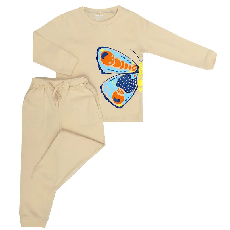 بلوز بلند شلوار فانریپ کرم پروانه ( 3 تا 8 سال)