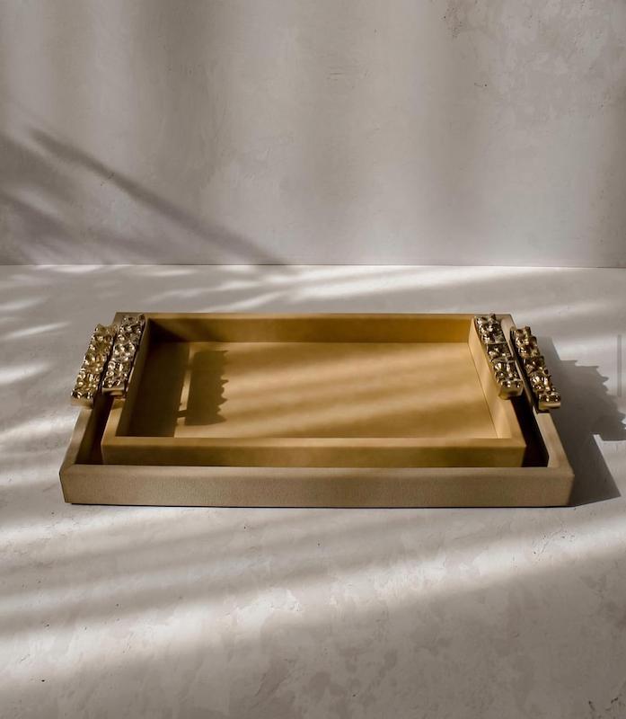 سینی چرم دسته طلایی