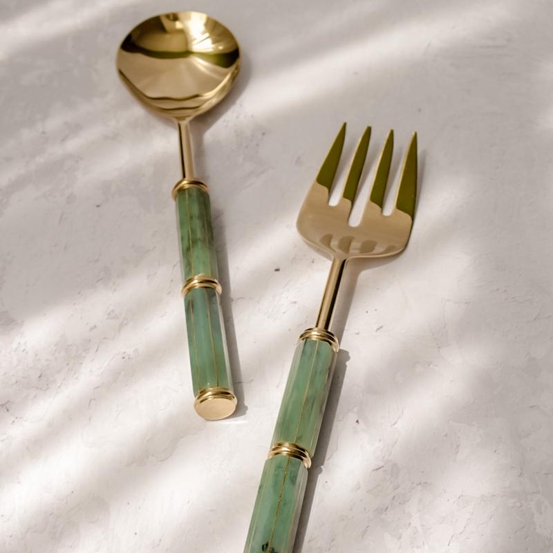 قاشق چنگال سالاد استیل و سنگ سبز