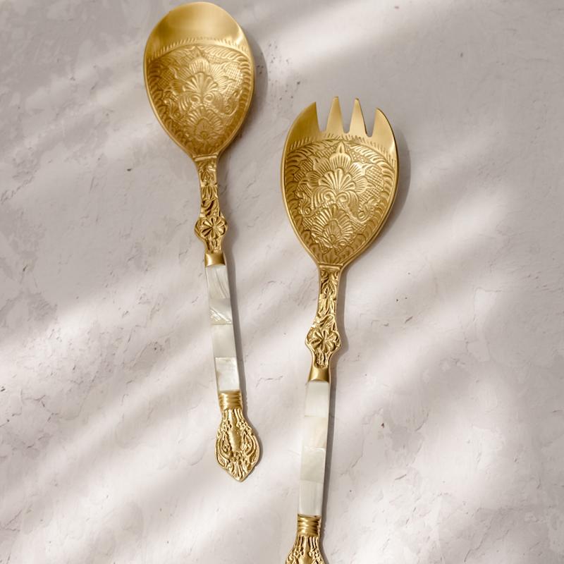 قاشق چنگال سالاد برنجی دسته صدف