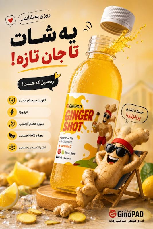 نوشیدنی زنجبیل جینوپاد│Ginger Shot طبیعی،انرژی زا،تقویت سیستم ایمنی با ویتامین C و طعم لیمو
