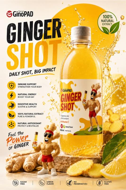 نوشیدنی زنجبیل جینوپاد│Ginger Shot طبیعی،انرژی زا،تقویت سیستم ایمنی با ویتامین C و طعم لیمو