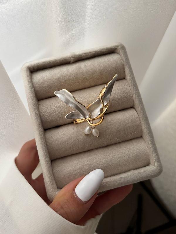 انگشتر دو برگ کشیده مرواریدی