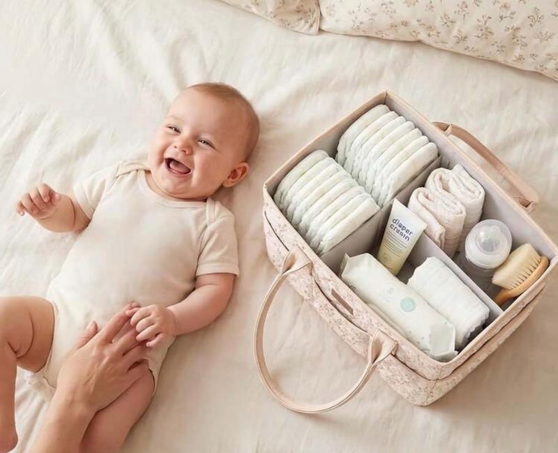 کیف/سبد نظم‌دهنده لوازم نوزاد طرح‌دار با دسته چرمی (Floral Quilted Diaper Caddy)