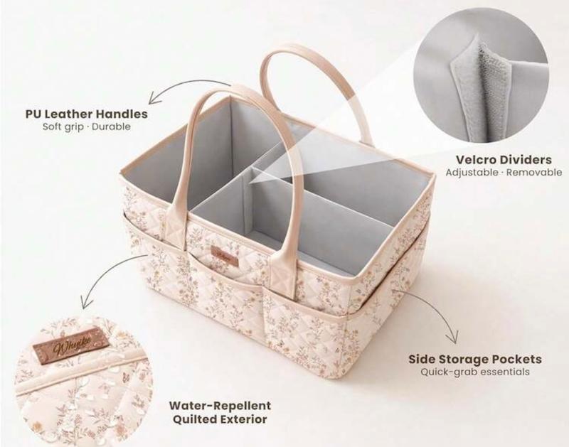 کیف/سبد نظم‌دهنده لوازم نوزاد طرح‌دار با دسته چرمی (Floral Quilted Diaper Caddy)