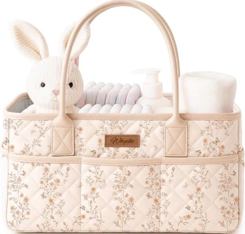 کیف/سبد نظم‌دهنده لوازم نوزاد طرح‌دار با دسته چرمی (Floral Quilted Diaper Caddy)