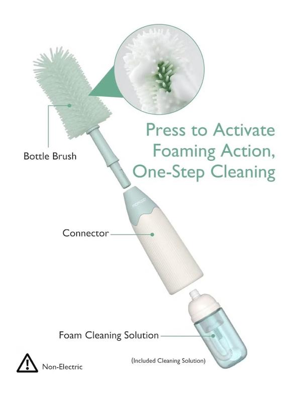فرچه شیشه‌شور پمپ‌دار و فوم‌ساز مامکوزی (Momcozy Push-Press Bottle Brush Kit)