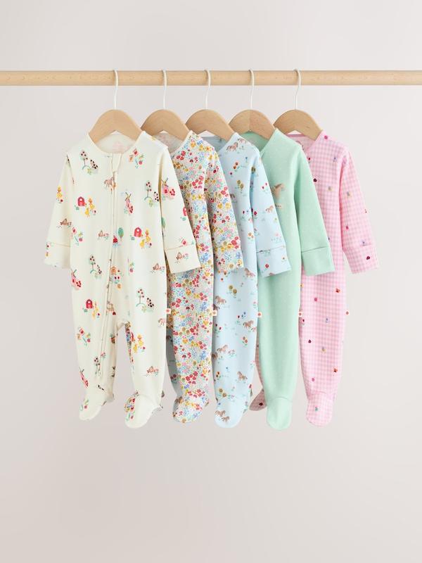 ست ۵ عددی سرهمی خواب زیپ‌دار دوطرفه نوزادی صورتی و سبز | Next baby sleepsuits 