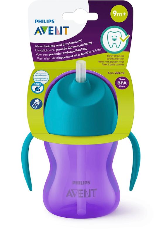لیوان نی‌دار فیلیپس اونت ۲۰۰ میل بنفش/فیروزه‌ای (Philips Avent SCF796/02)