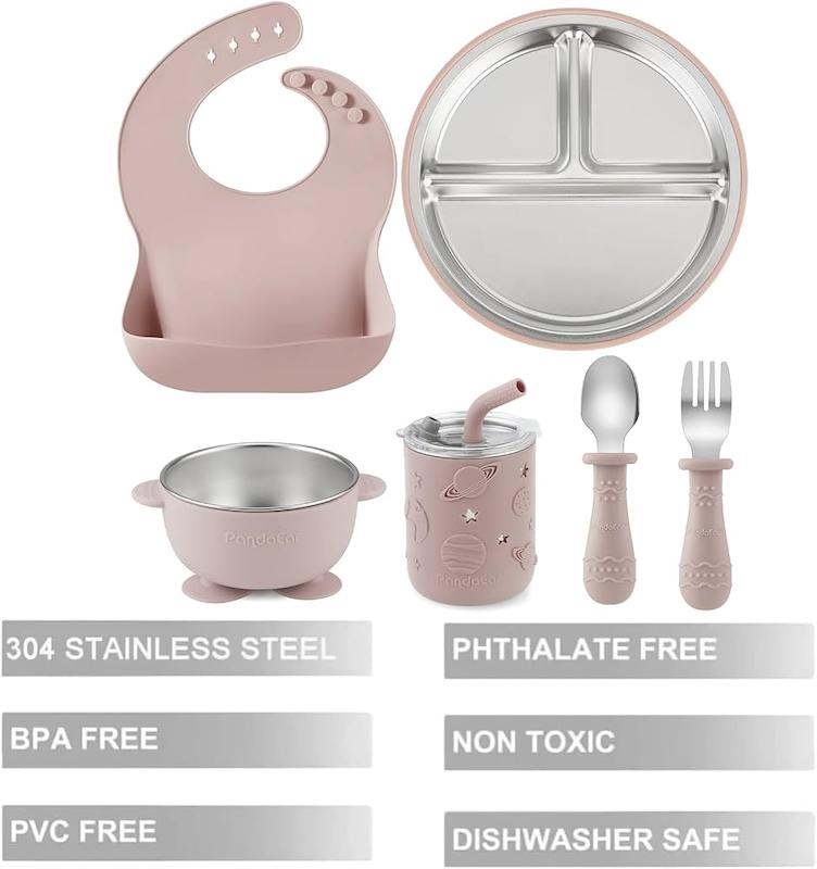 ست ۶ تکه غذاخوری استیل و سیلیکون  (PandaEar 6-in-1 Baby Feeding Set)