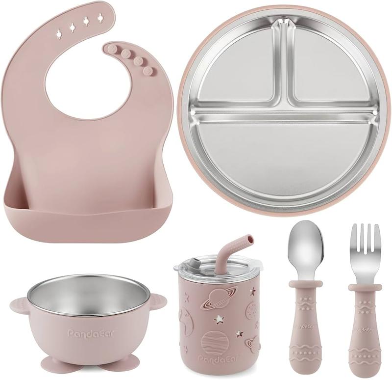 ست ۶ تکه غذاخوری استیل و سیلیکون  (PandaEar 6-in-1 Baby Feeding Set)