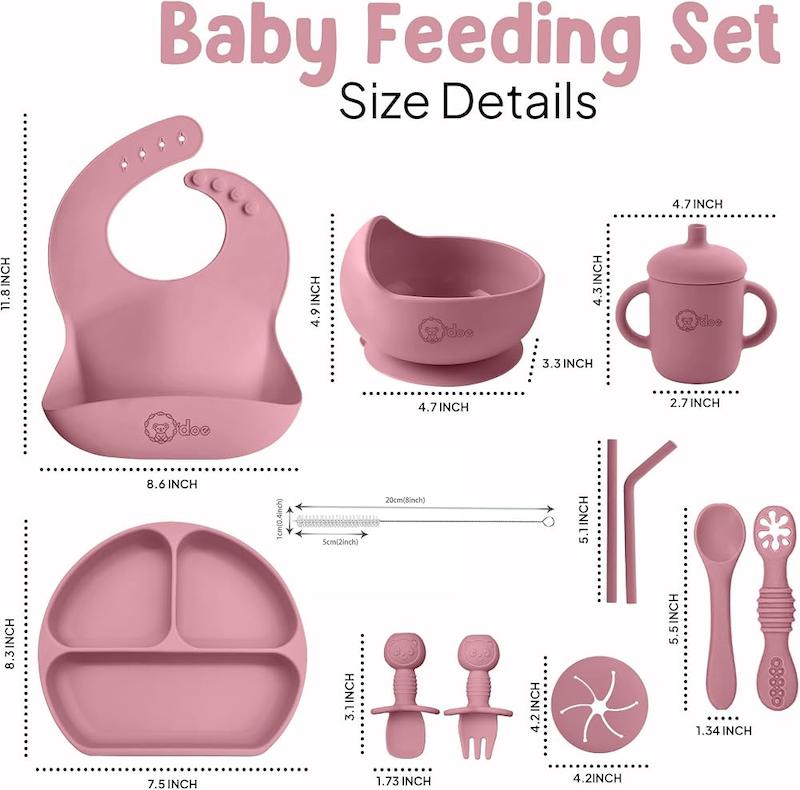 ست ۱۱ تکه غذاخوری سیلیکونی اودو (O'doe 11-Piece Baby Weaning Set - Rose)
