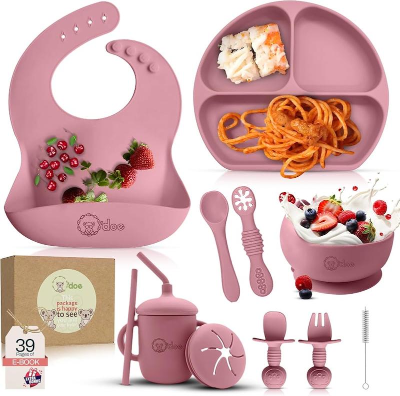 ست ۱۱ تکه غذاخوری سیلیکونی اودو (O'doe 11-Piece Baby Weaning Set - Rose)