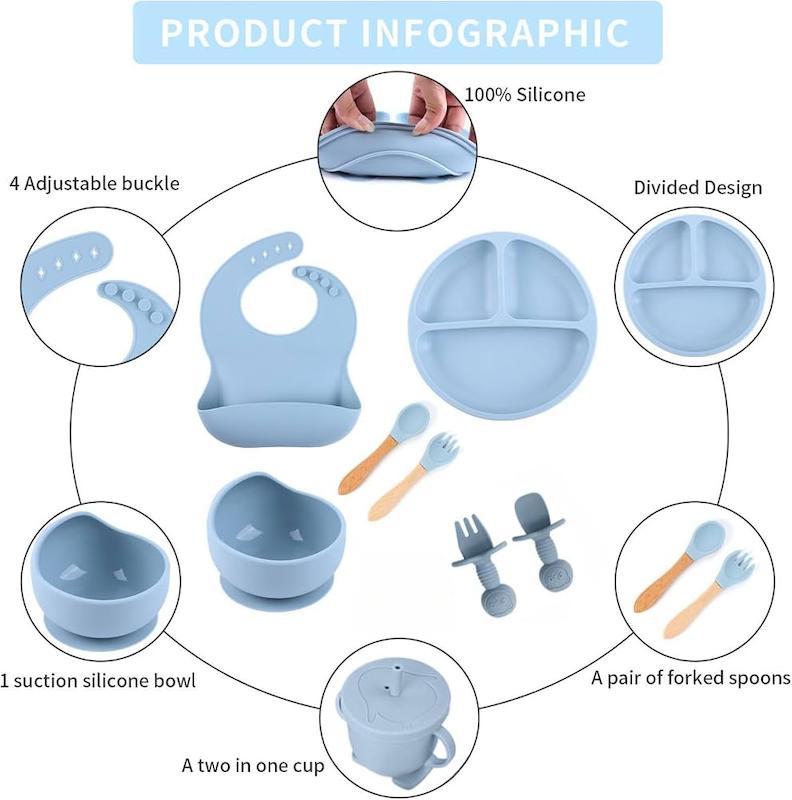 ست ۸ تکه ظروف غذاخوری سیلیکونی نوزاد اسکای‌تاچ (SKY-TOUCH 8 Pcs Silicone Baby Feeding Set)