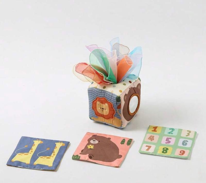 مکعب پارچه‌ای مونتسوری و جعبه دستمال بازی ۱۶ تکه (16pcs/Set Montessori Sensory Tissue Box Toy)