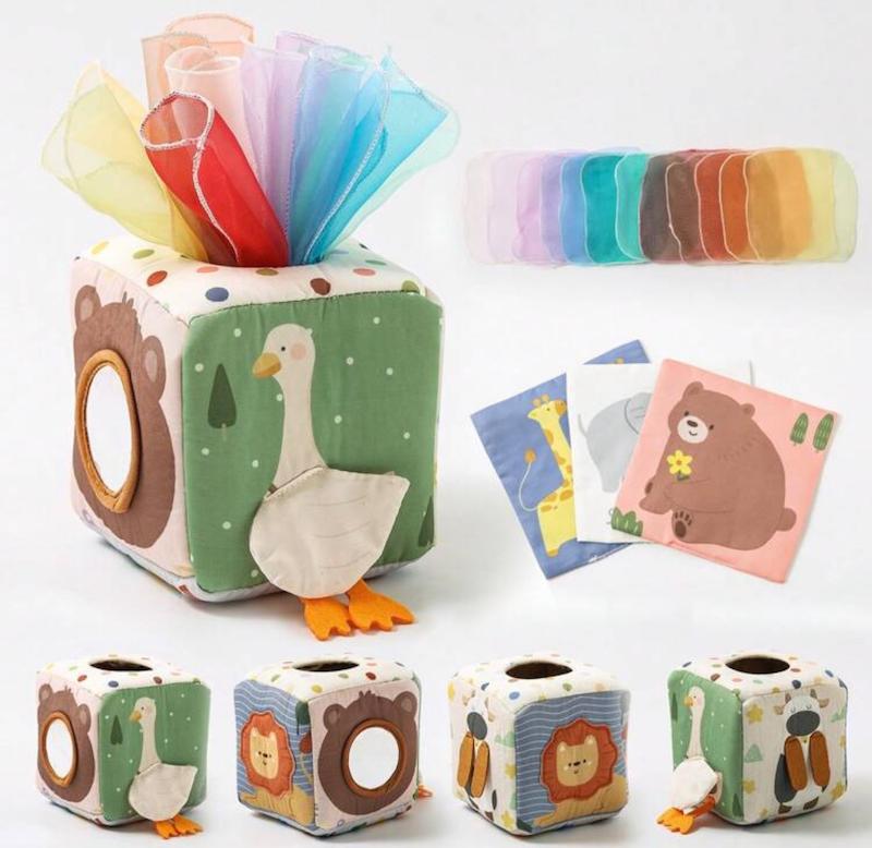 مکعب پارچه‌ای مونتسوری و جعبه دستمال بازی ۱۶ تکه (16pcs/Set Montessori Sensory Tissue Box Toy)