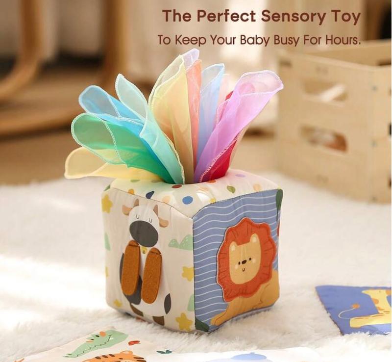 مکعب پارچه‌ای مونتسوری و جعبه دستمال بازی ۱۶ تکه (16pcs/Set Montessori Sensory Tissue Box Toy)