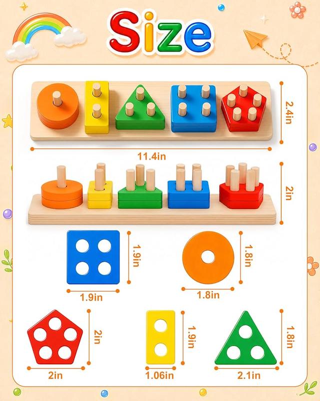 جاگذاری اشکال هندسی چوبی ۵ ستونه (Wooden Geometric Shape Sorter Stacker Toy)