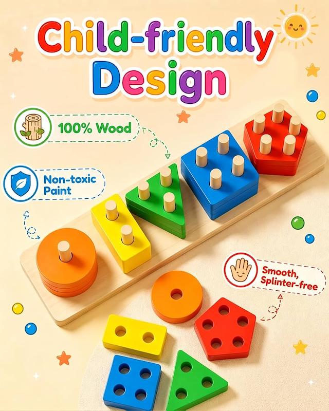 جاگذاری اشکال هندسی چوبی ۵ ستونه (Wooden Geometric Shape Sorter Stacker Toy)