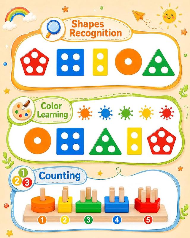 جاگذاری اشکال هندسی چوبی ۵ ستونه (Wooden Geometric Shape Sorter Stacker Toy)